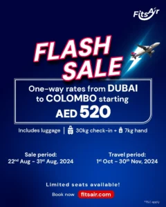 Flash Sale One-way rates from Dubai to Colombo starting at AED 520